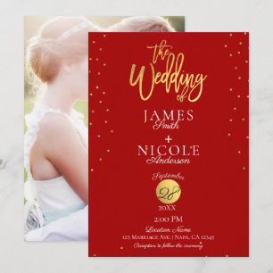 Invitation Mariage photo moderne minimal rouge et or à feuill