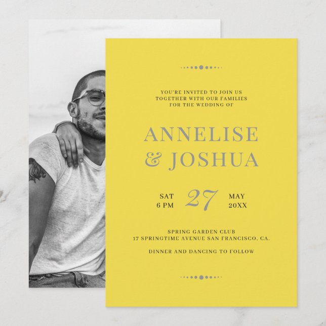 Invitation Mariage photo moderne tendance gris jaune simple (Devant / Derrière)