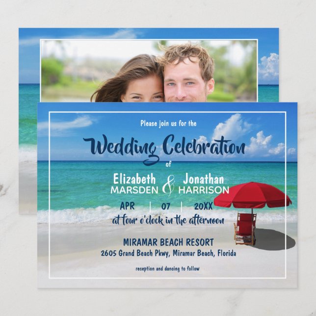 Invitation Mariage photo moderne Tropical Beach Red Umbrella (Devant / Derrière)