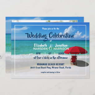 Invitation Mariage photo moderne Tropical Beach Red Umbrella