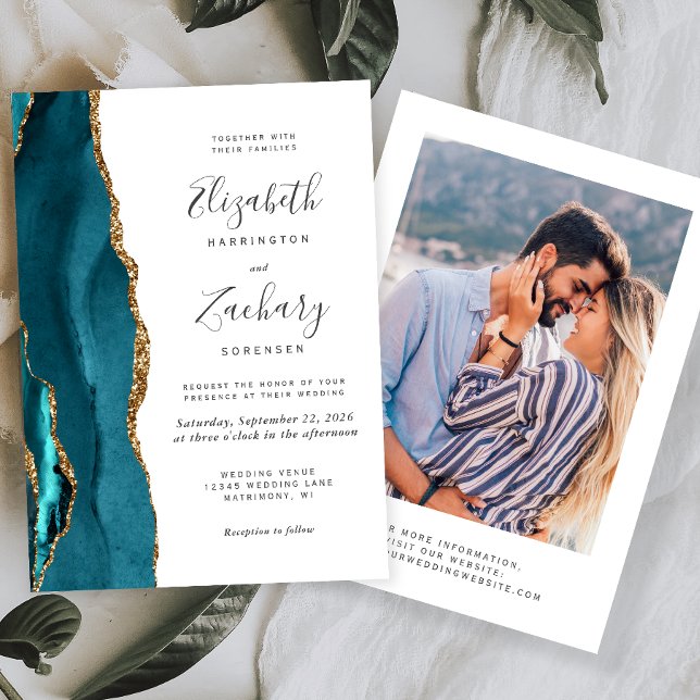 Invitation Mariage photo moderne Turquoise Blue Gold Agate (Créateur téléchargé)
