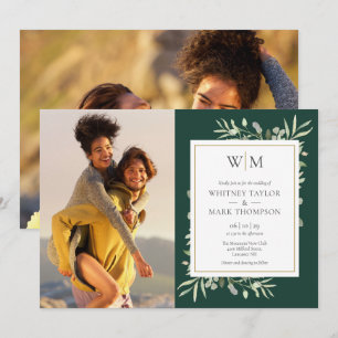 Invitation Mariage photo Monogram Foliage Emerald Green