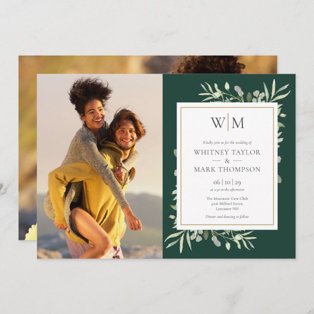 Invitation Mariage photo Monogram Foliage Emerald Green (Devant / Derrière)