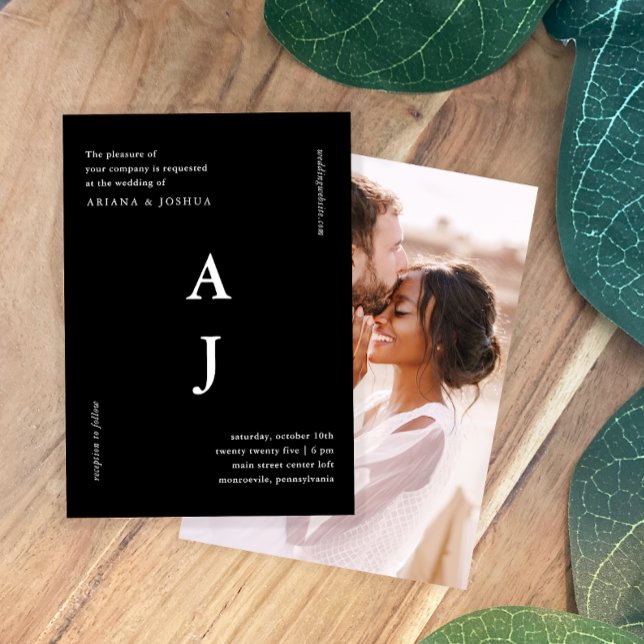 Invitation Mariage photo monogramme minimal noir et blanc (Créateur téléchargé)