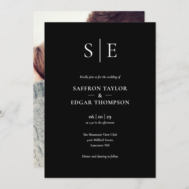 Invitation Mariage photo Monogramme noir et blanc (Devant / Derrière)