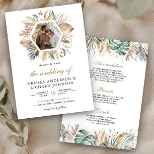 Invitation Mariage Photo Monstera Boho Pampas Tout en Un