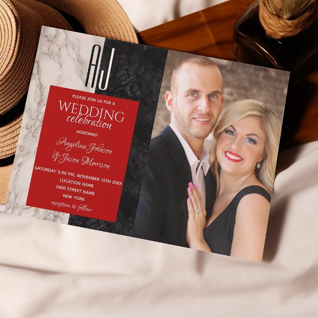 Invitation Mariage photo noir blanc et rouge (Créateur téléchargé)