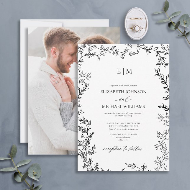 Invitation Mariage photo noir blanc minima feuille (Créateur téléchargé)
