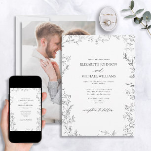 Invitation Mariage photo noir et blanc à feuilles minimes mod