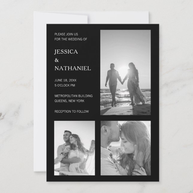 Invitation Mariage photo noir minimaliste moderne (Devant)