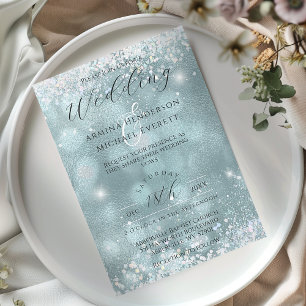 Invitation Mariage Photo Paillettes Bleu Glamour Élégant