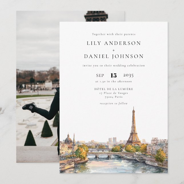 Invitation Mariage photo Paris France Skyline (Devant / Derrière)