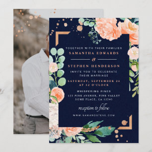 Invitation Mariage photo Peach Marine Cuivre Floral Aquarelle