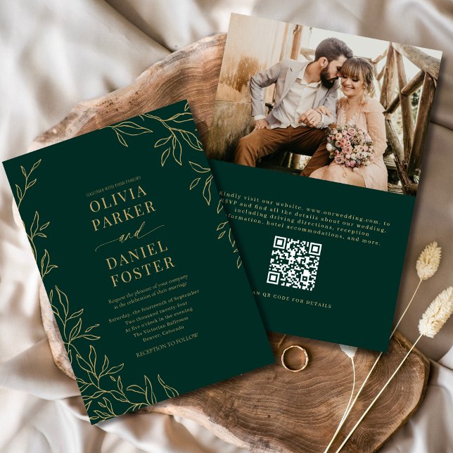 Invitation Mariage photo QR Code Emerald Green Gold (Créateur téléchargé)