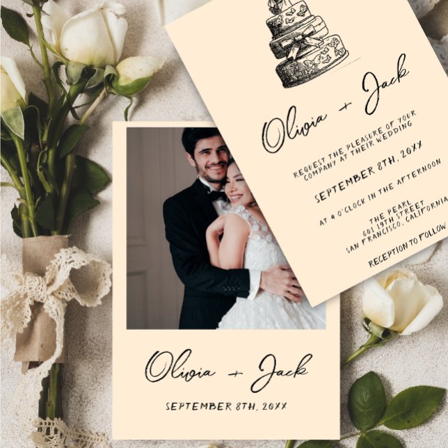 Invitation Mariage photo rétro à la main dessiné Cake Quirky (Créateur téléchargé)