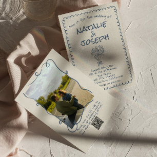 Invitation Mariage photo Retro Hand Drawn Navy bleu QR Code