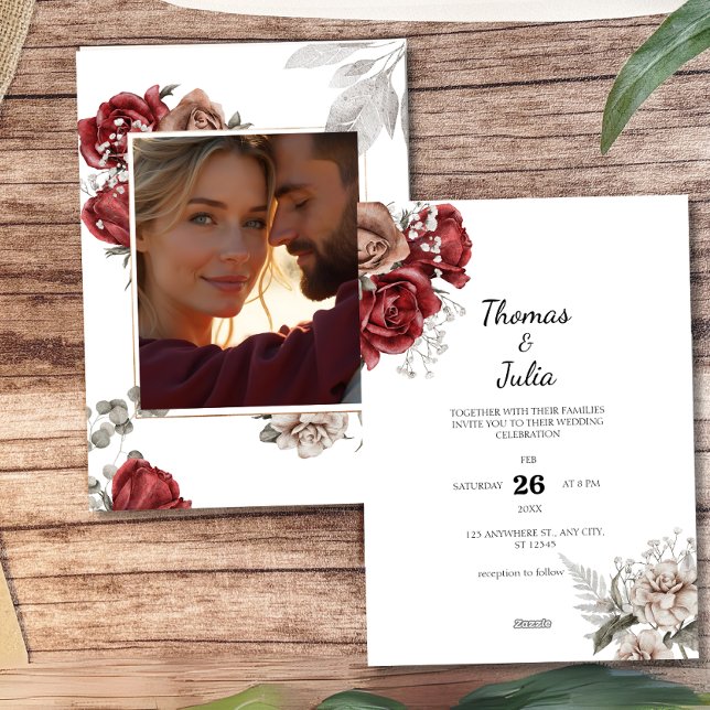 Invitation Mariage photo romantique Bourgogne et argent Flora (Romantic Burgundy & Silver Floral Photo Wedding Invitation)
