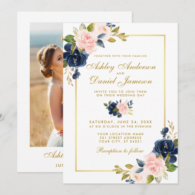 Invitation Mariage photo rose bleu floral or (Devant / Derrière)