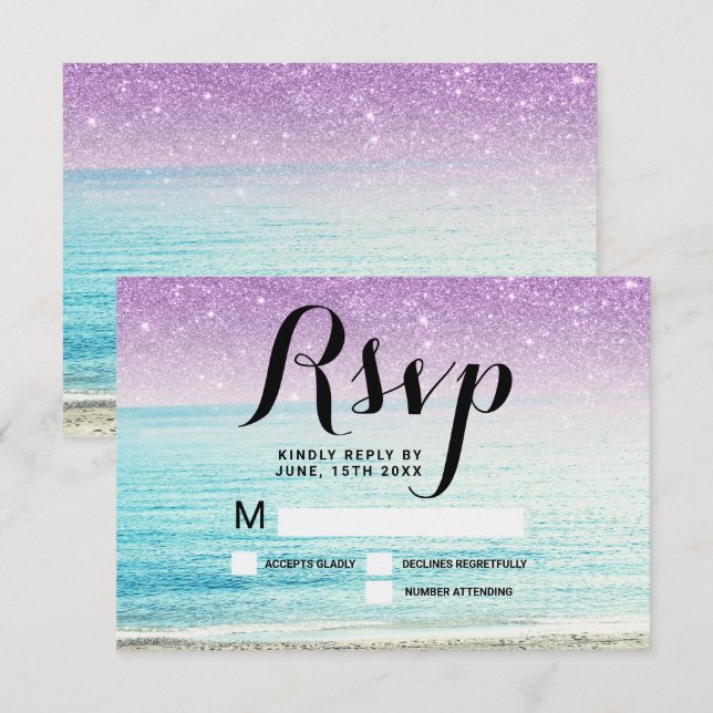 Invitation mariage photo RSVP plage pailleté violet (Devant / Derrière)