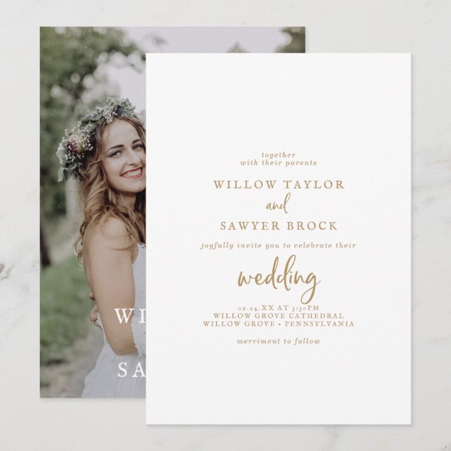 Invitation Mariage photo Rustic Gold Script (Devant / Derrière)