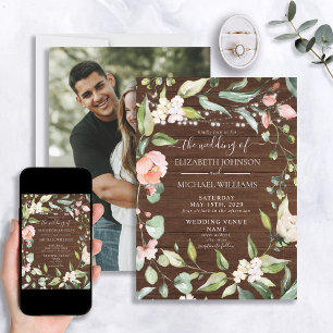 Invitation Mariage photo Rustique Blush Floral Script Bois
