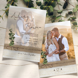 Invitation Mariage photo Rustique Burlap Wood Eucalyptus Boho