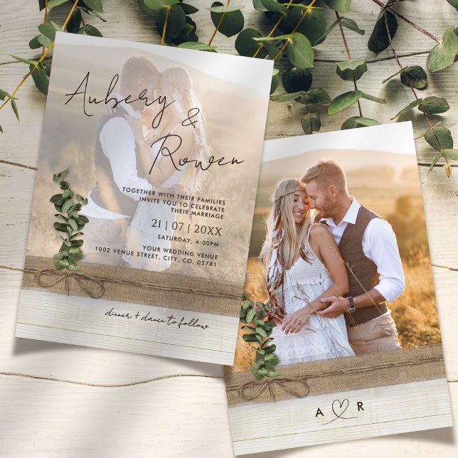 Invitation Mariage photo Rustique Burlap Wood Eucalyptus Boho (Créateur téléchargé)