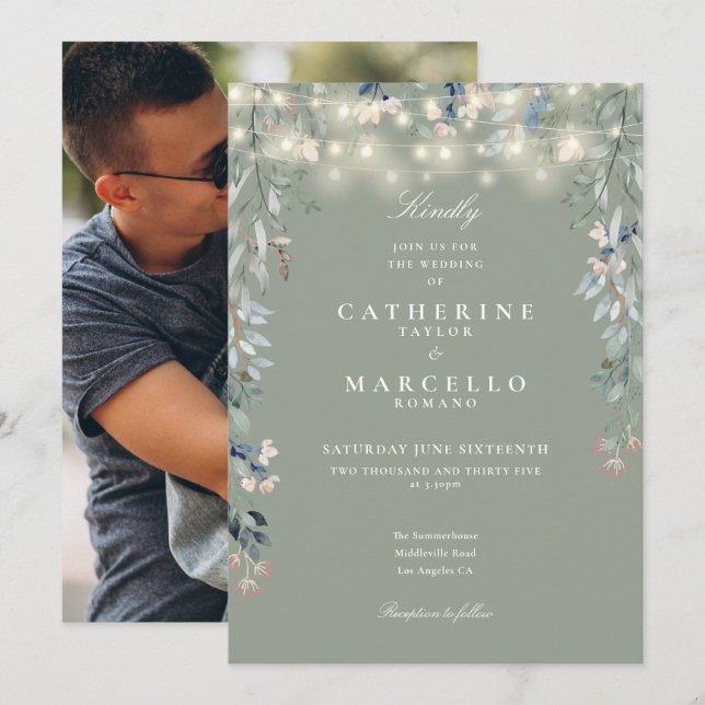 Invitation Mariage photo Sage Green Floral (Devant / Derrière)