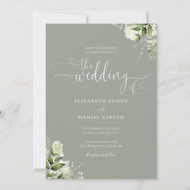 Invitation Mariage photo Sage Green Heart Script Foliage (Devant)