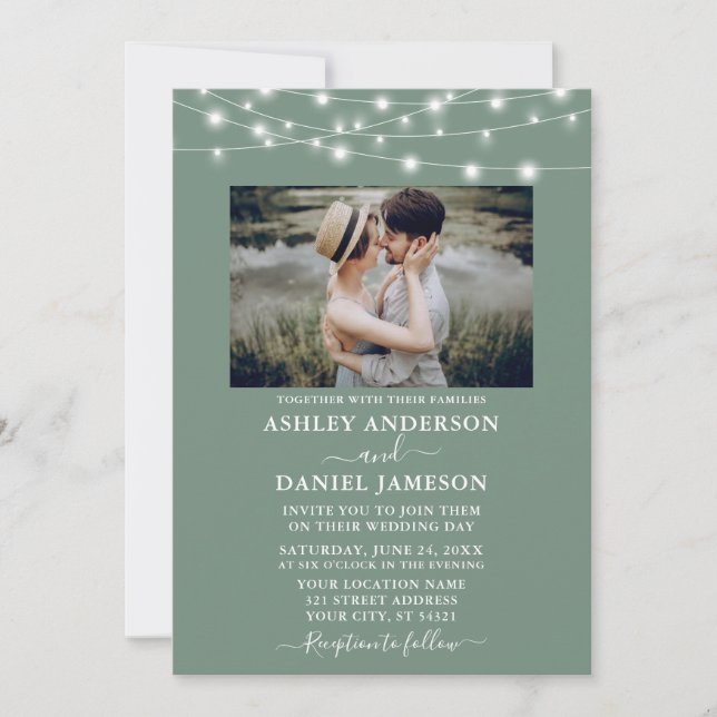 Invitation Mariage photo Sage Vert String Lumières (Devant)