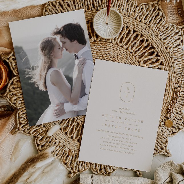 Invitation MARIAGE photo SHYLAH Neutral Gold Cream Élégant (SHYLAH Neutral Gold Cream Elegant Photo Wedding Invitation)