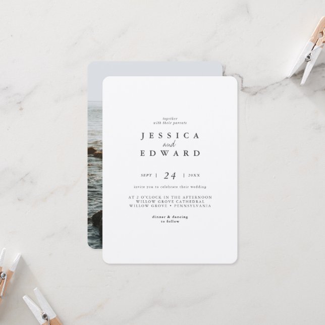 Invitation Mariage photo simple en argent métallique et noir (Devant/Arrière en situation)