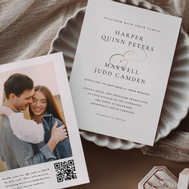 Invitation Mariage photo simple et élégant (Elegant Typography Black and White with Gold Photo Wedding Invitation with QR code.)