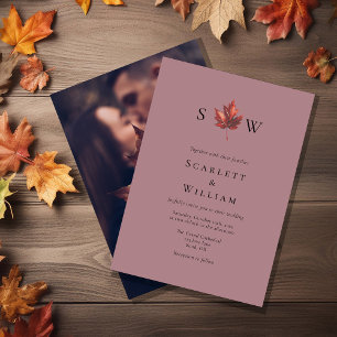 Invitation Mariage photo simple Leaf Mauve Monogram
