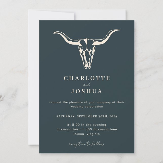 Invitation Mariage photo simple Western Bohemian Cow Skull (Devant)