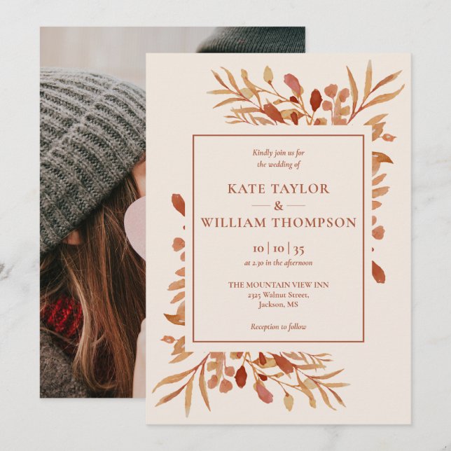 Invitation Mariage Photo Terracotta Automne Rustique (Devant / Derrière)