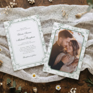 Invitation Mariage photo toile française vintage vert sauge