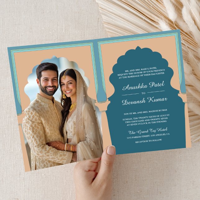 Invitation Mariage photo traditionnel indien Blue Arch (Créateur téléchargé)