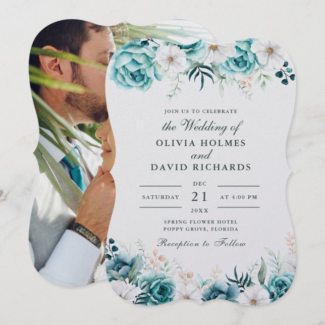 Invitation Mariage photo turquoise Fleur sauvage blanc blanc (Devant / Derrière)