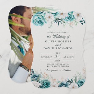 Invitation Mariage photo turquoise Fleur sauvage blanc blanc