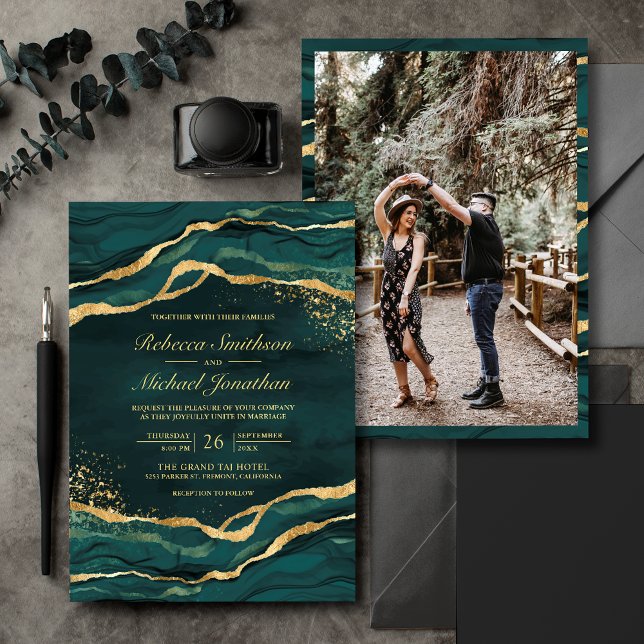 Invitation Mariage photo turquoise Gold Fluid Ink (Créateur téléchargé)