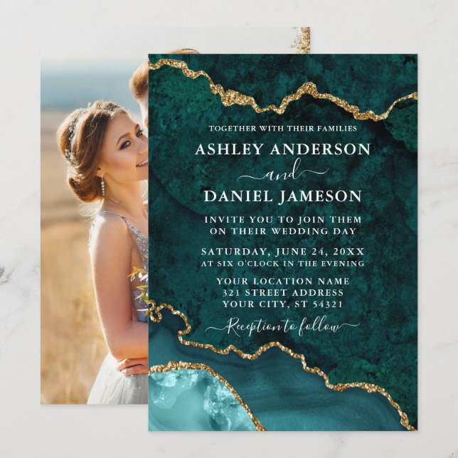 Invitation Mariage photo turquoise Gold Marble Agate Géode (Devant / Derrière)