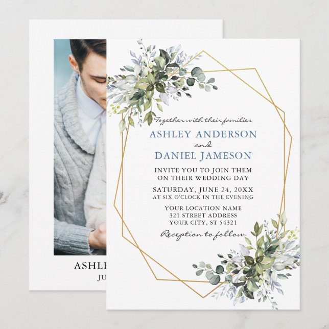 Invitation Mariage photo vert Dusty Blue Geo Frame (Devant / Derrière)