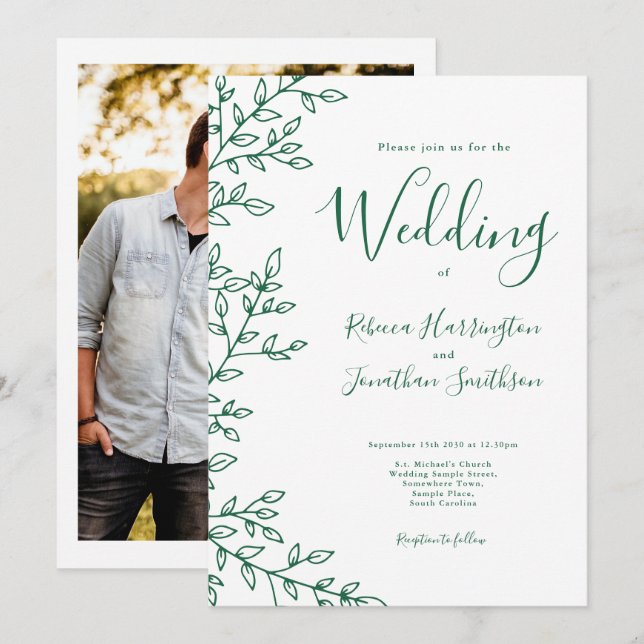 Invitation Mariage photo vert émeraude blanc à feuille minima (Devant / Derrière)