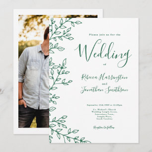 Invitation Mariage photo vert émeraude blanc à feuille minima