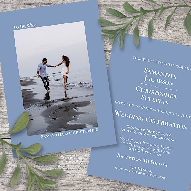 Invitation Mariage photo vertical bleu-duché minimaliste (Front and Back)
