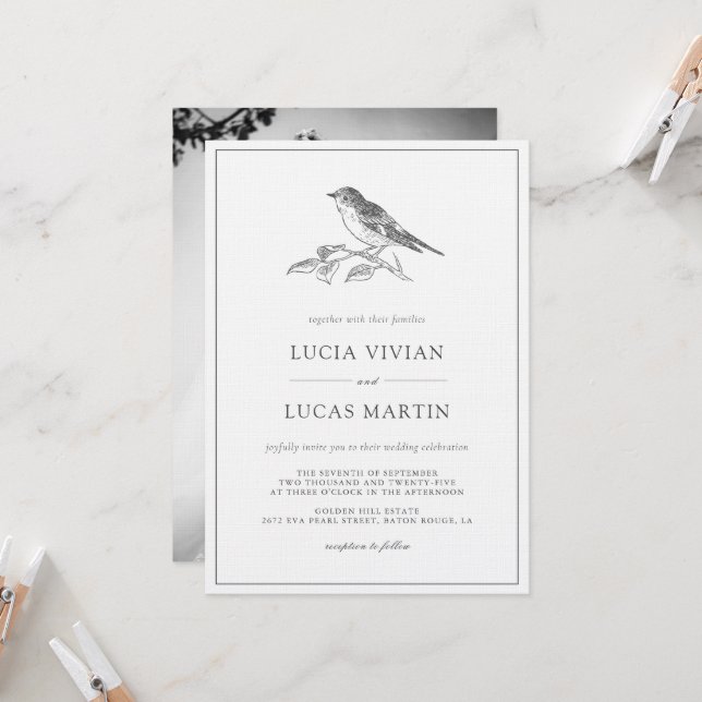 Invitation Mariage photo vintage Bird noir et blanc (Devant/Arrière en situation)