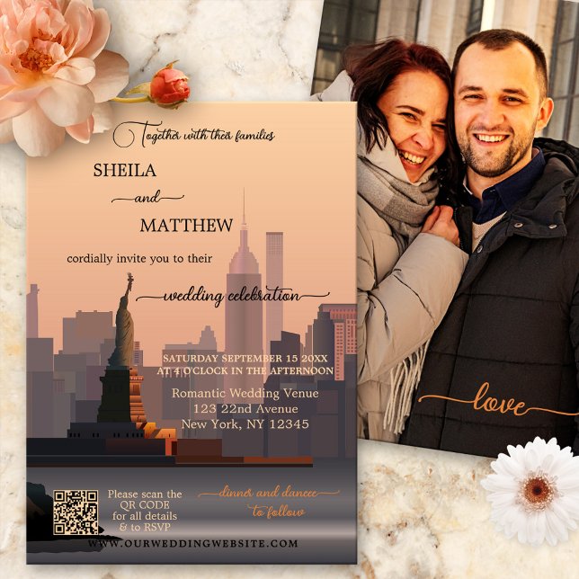 Invitation Mariage photo Whimsical Terra Cotta New York QR (Créateur téléchargé)