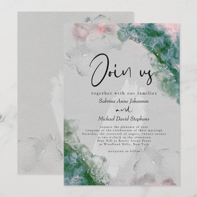 Invitation MARIAGE | Pin chic et encre d'alcool Abstraite (Devant / Derrière)
