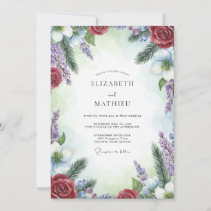 Invitation Mariage Pin Éucalyptus Améthyste Rouge Cramoisi
